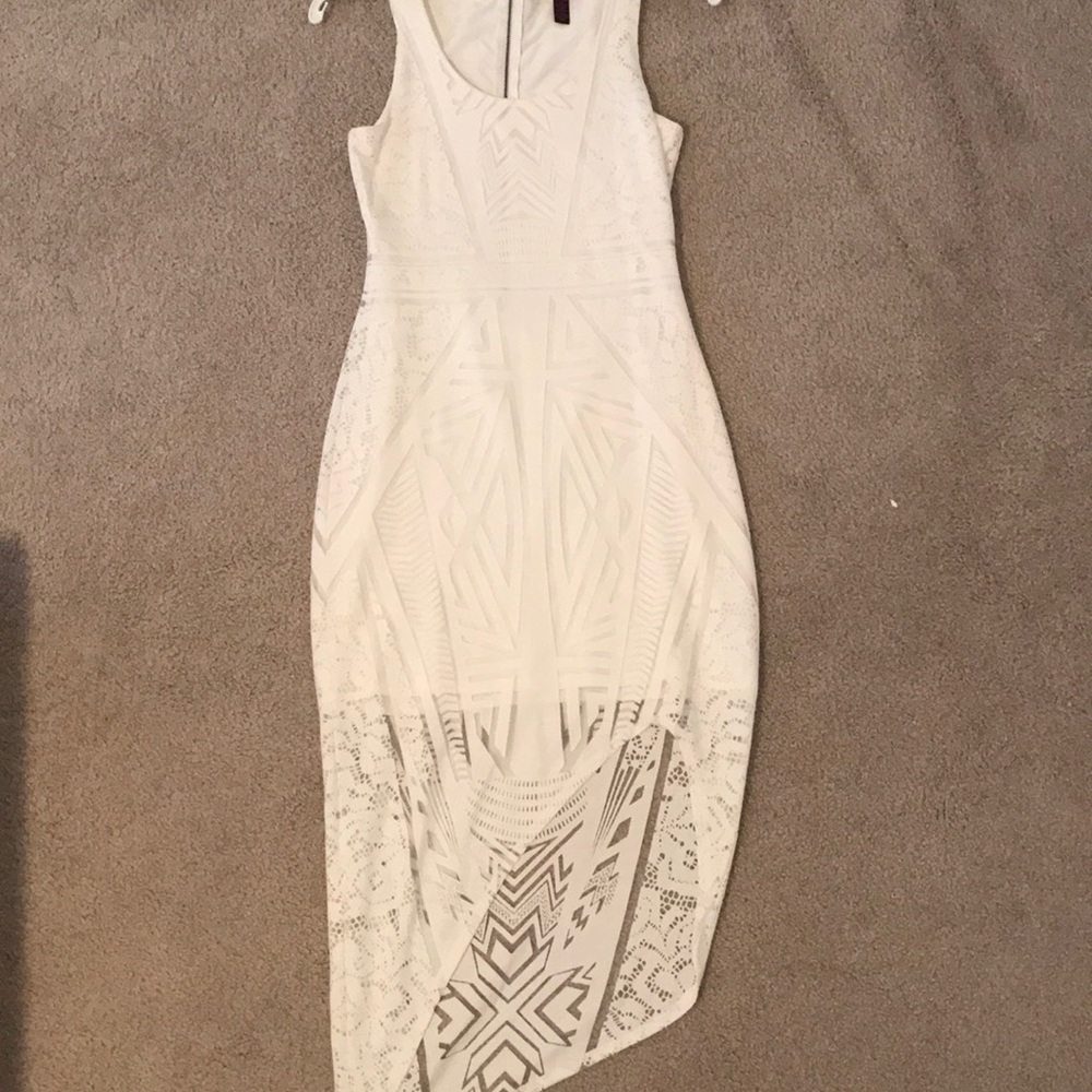 White midi dress asymmetrical sheer overlay